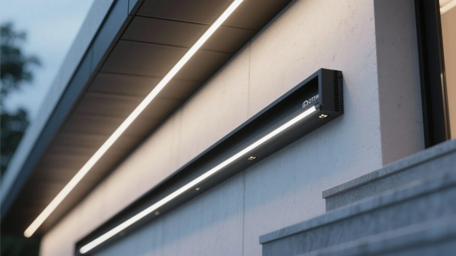 Slim black integrated LED strip under an eave providing continuous low-glare exterior illumination.