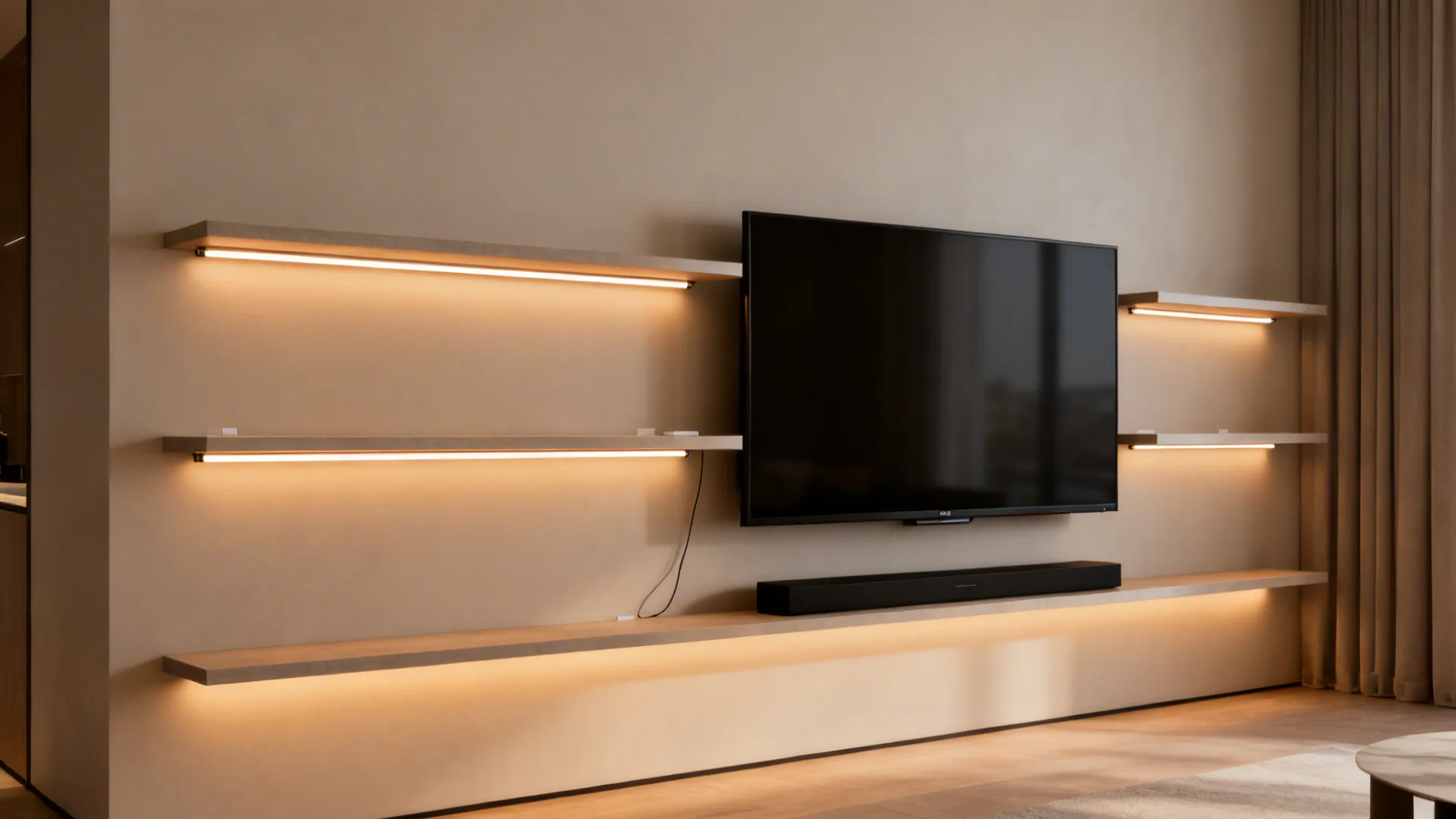 Warm LED strip lighting under floating shelves and behind a TV in a small living room