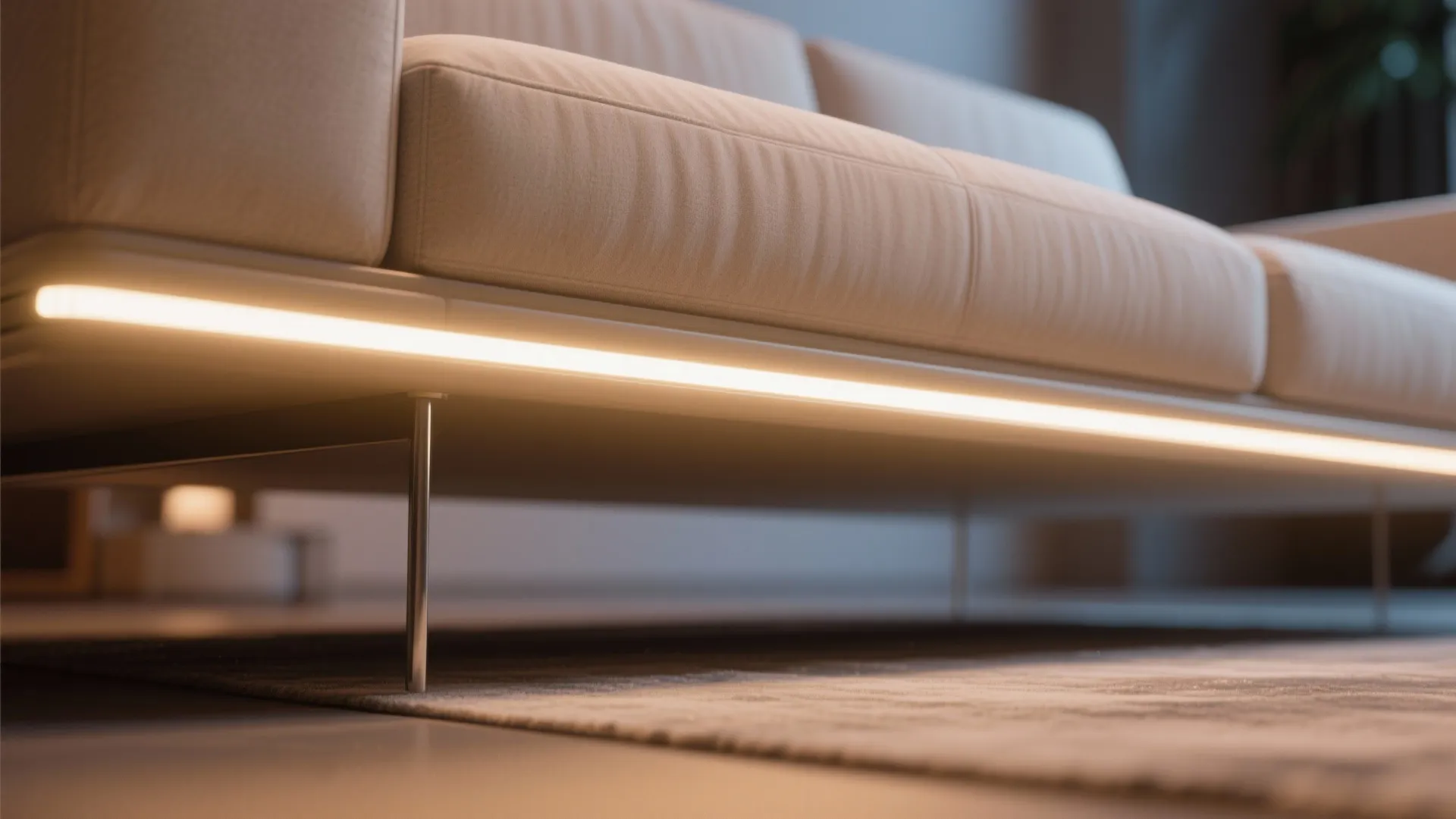 Close-up of LED strip under sofa creating floating look