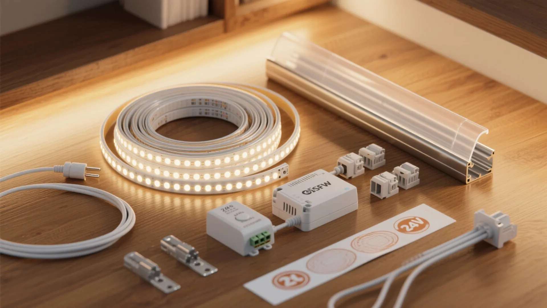 Led strip light kit with power adapter and connectors laid out on a wooden surface