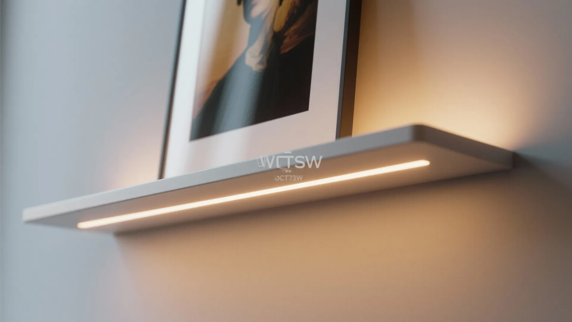 A white floating wall shelf with built in warm light strip holding a framed picture