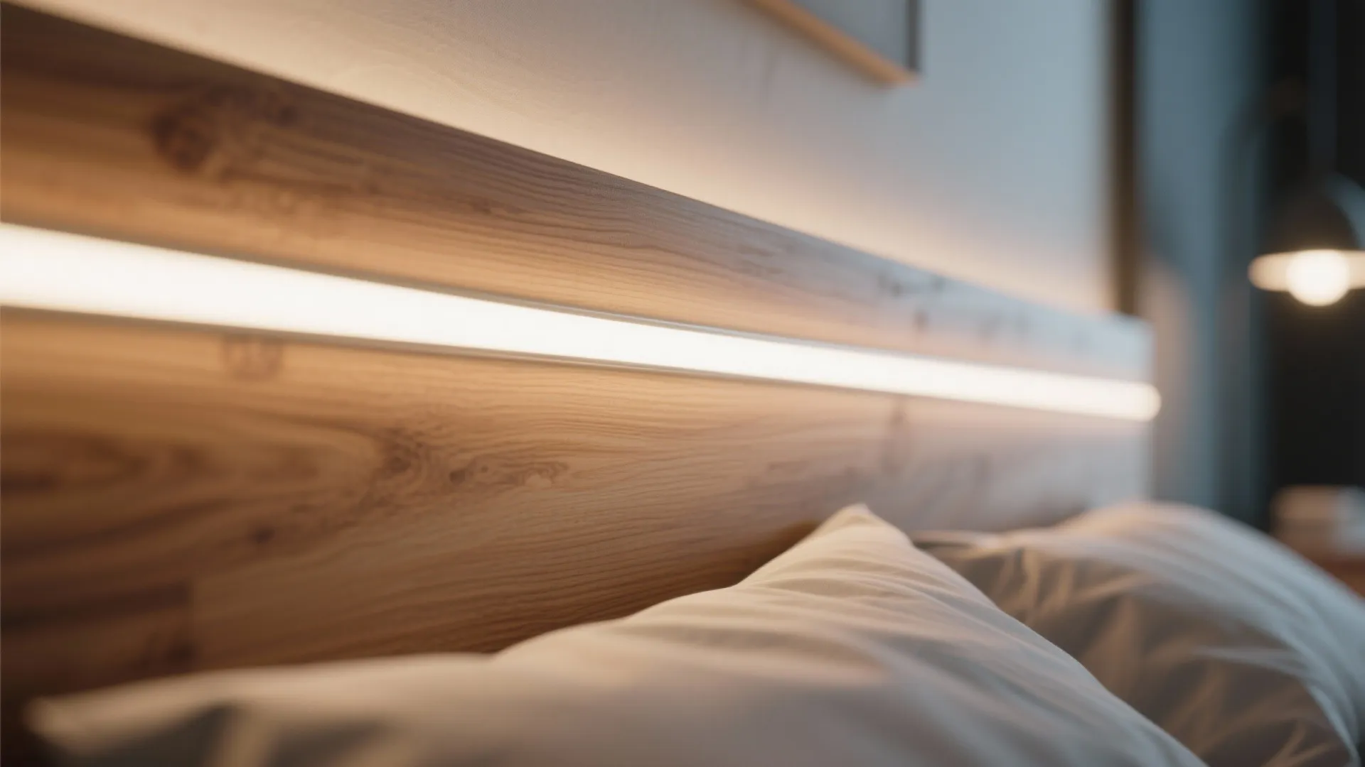 Close up of a wooden bed headboard with integrated warm light strip and white pillows