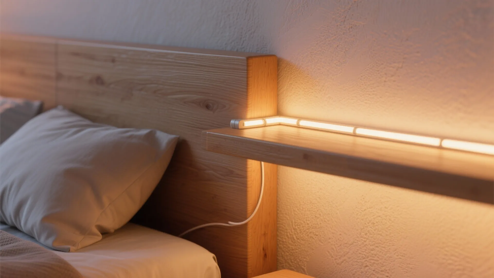 2. Warm, indirect LED strips under shelves or behind headboards