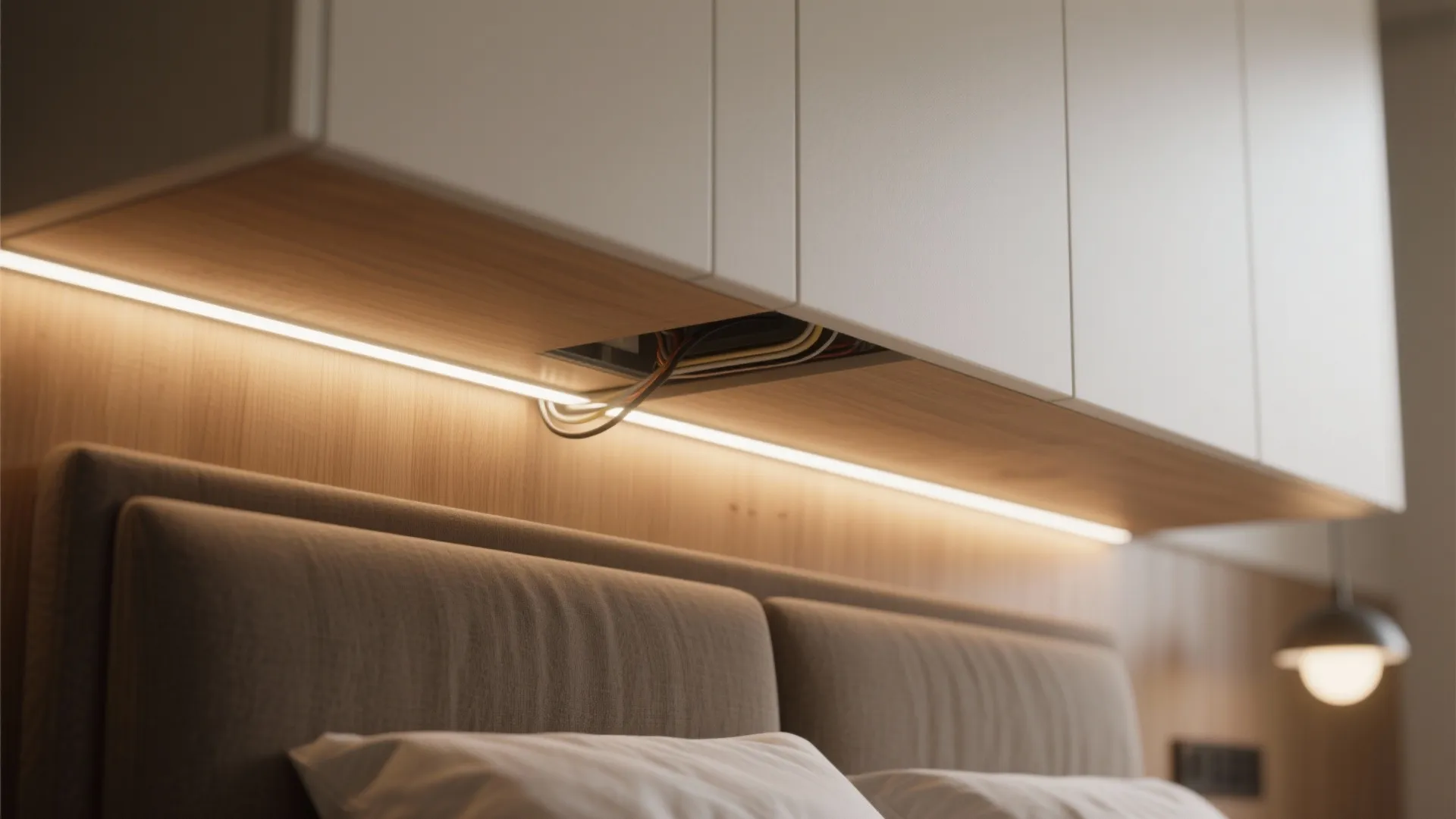 Close up of led light strip installed under white cabinets above a neutral padded bed headboard