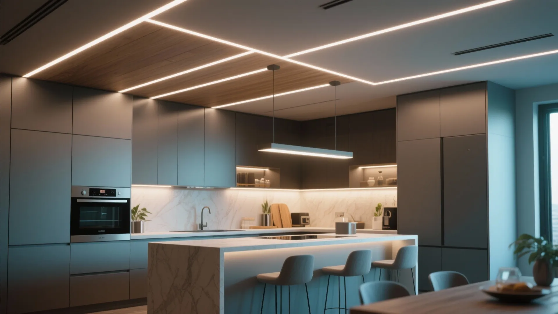 Modern dark grey kitchen featuring recessed ceiling light strips with marble island and bar stools