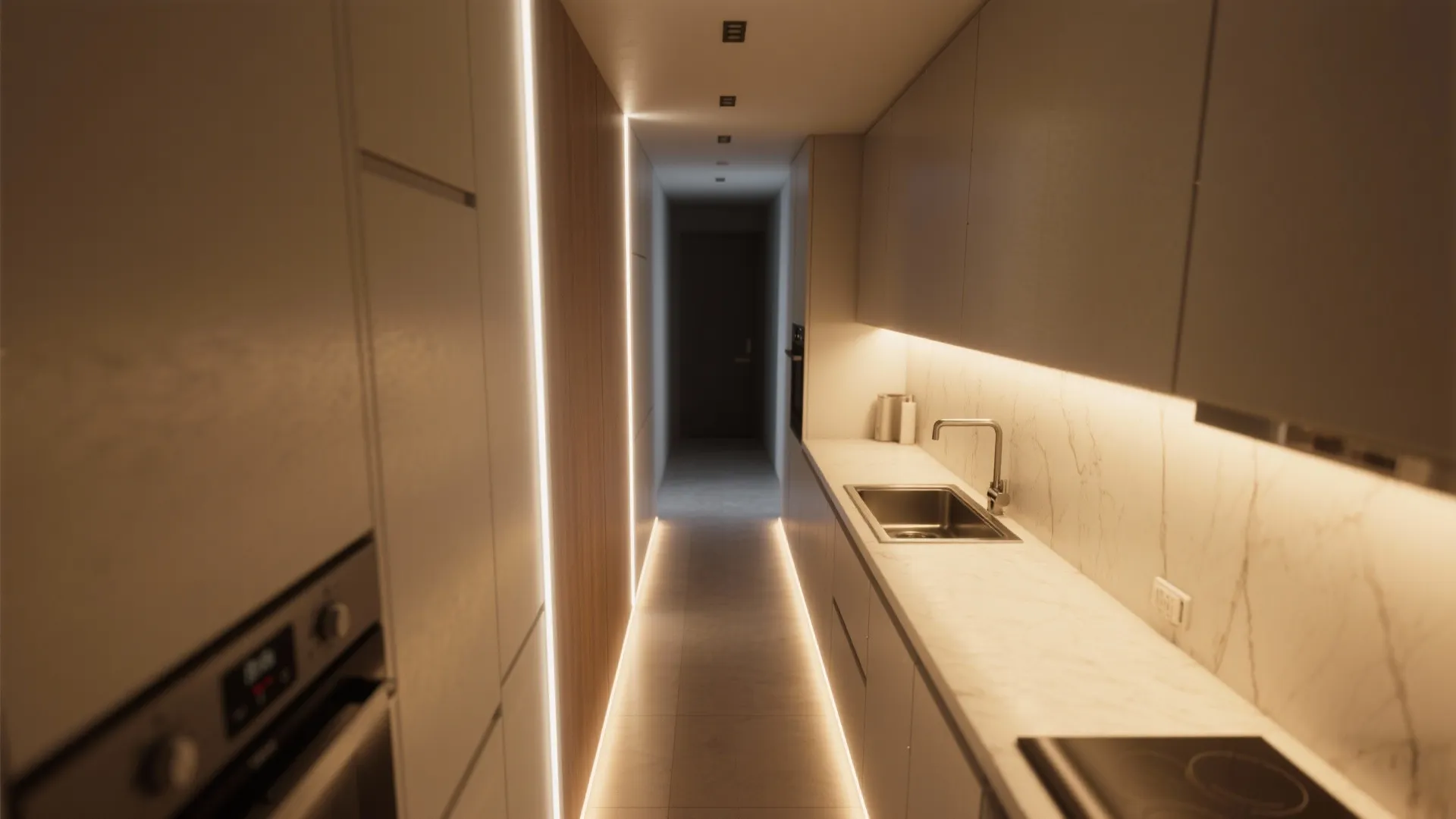 Narrow kitchen with warm white LED strips under cabinets and along toe kicks, visually slimming the space.