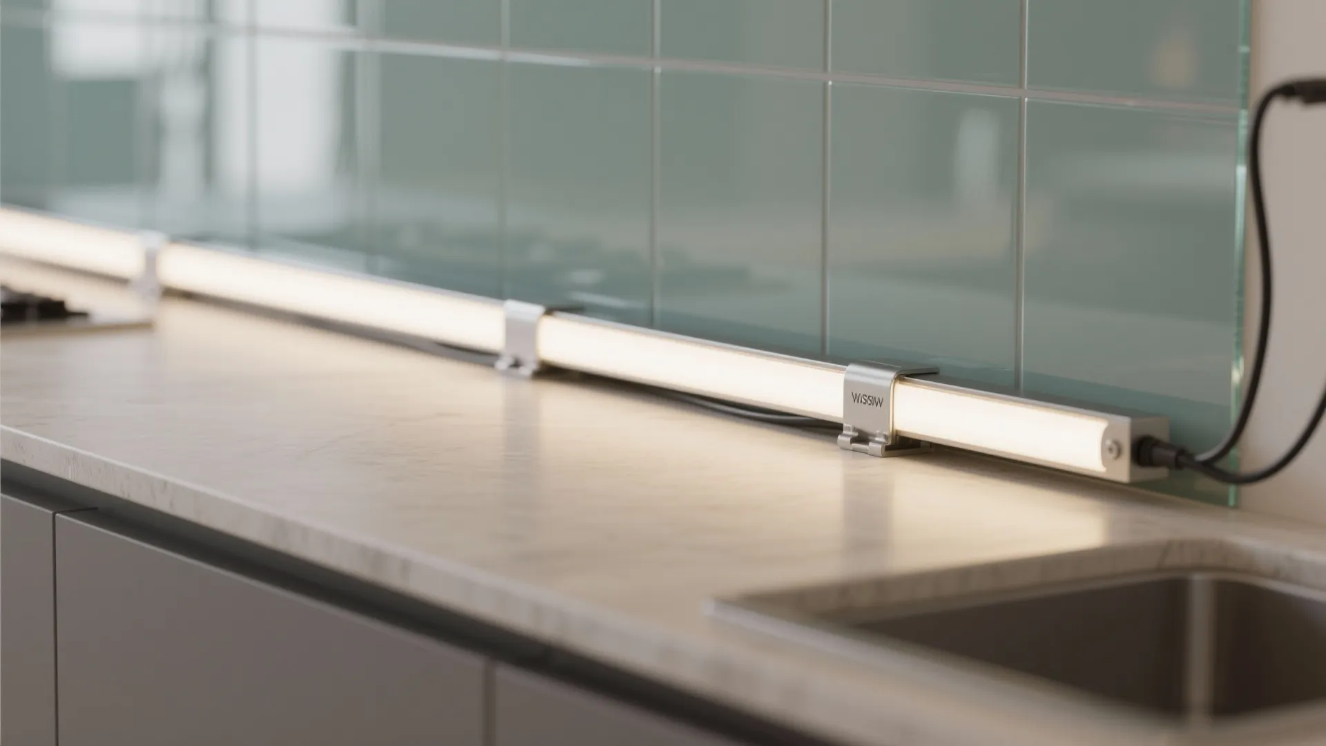 Modern kitchen counter with glowing light strip below green wall tiles and next to sink