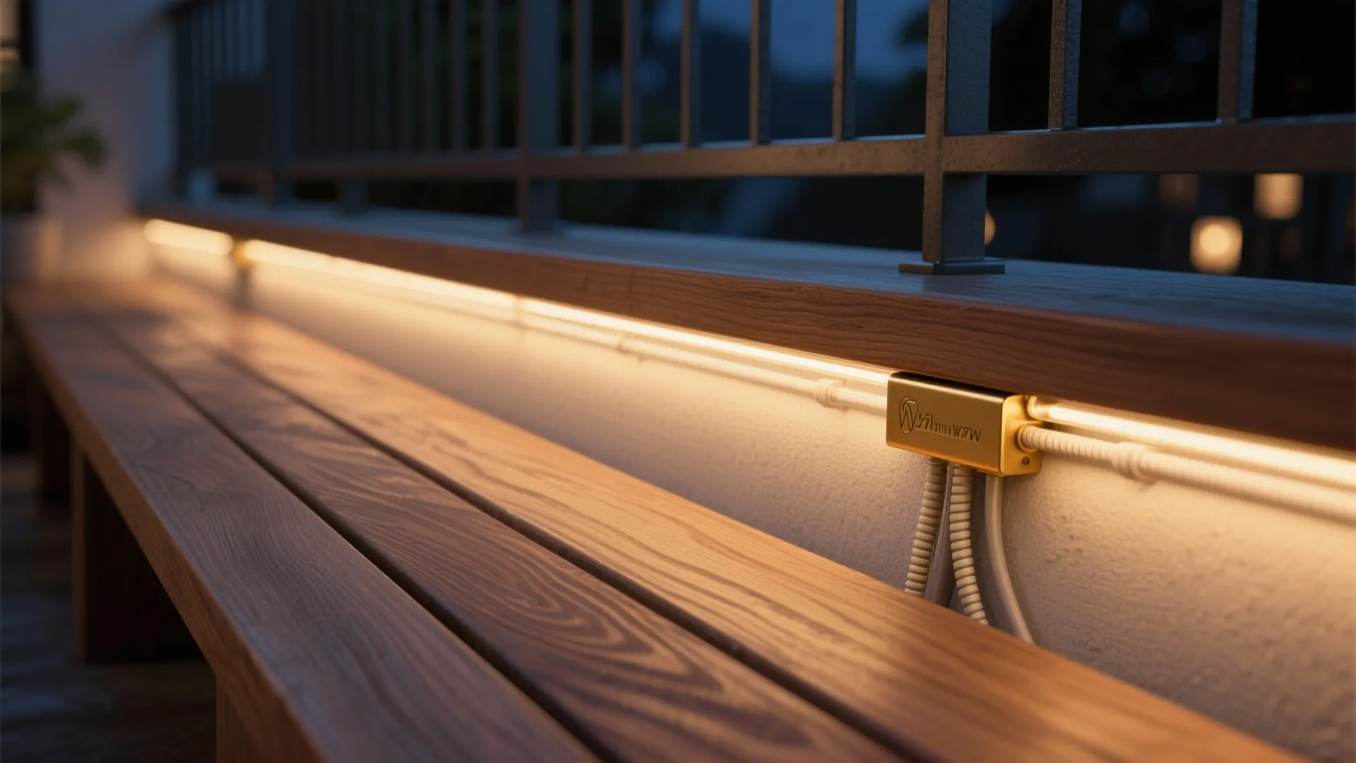 Macro of 2700K LED strip under a wood bench lip with clean cable routing and brass finish.