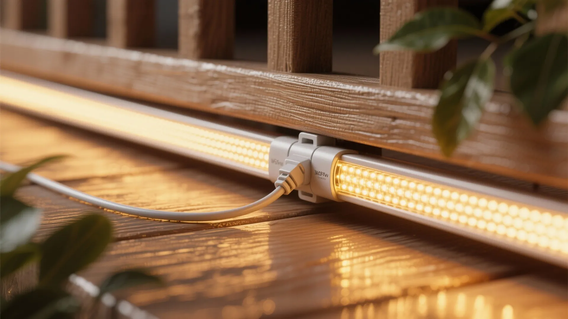 Close-up of warm LED strip under railing with waterproof connector and wood texture.