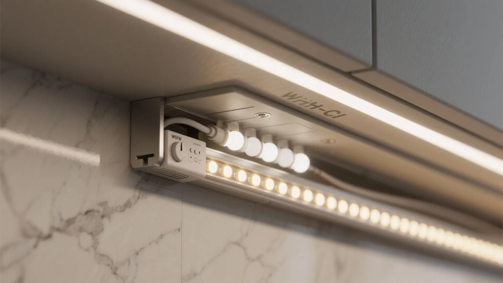 Macro view of a high-CRI LED strip in an aluminum channel beneath a cabinet with dimmer control.