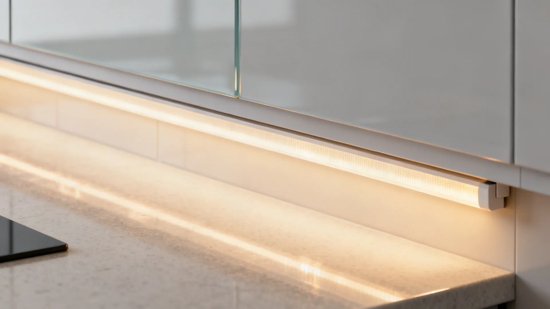 Macro of a warm 90+ CRI LED under-cabinet strip lighting a glass backsplash.