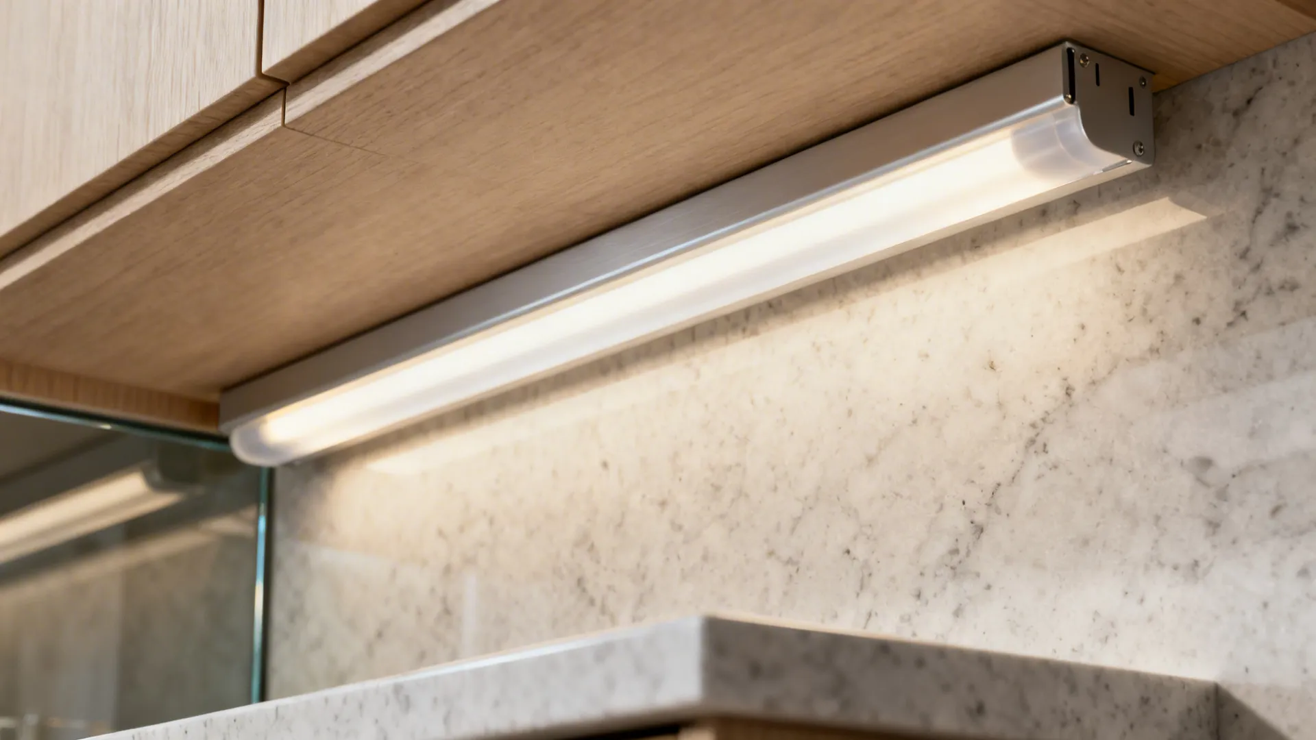 Close up of led strip light fixture installed under wood cabinet above white marble surface