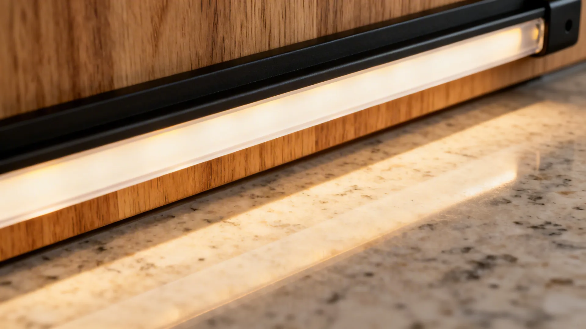 Macro of under-cabinet LED strip at 3000K illuminating a quartz countertop and oak cabinet lip.