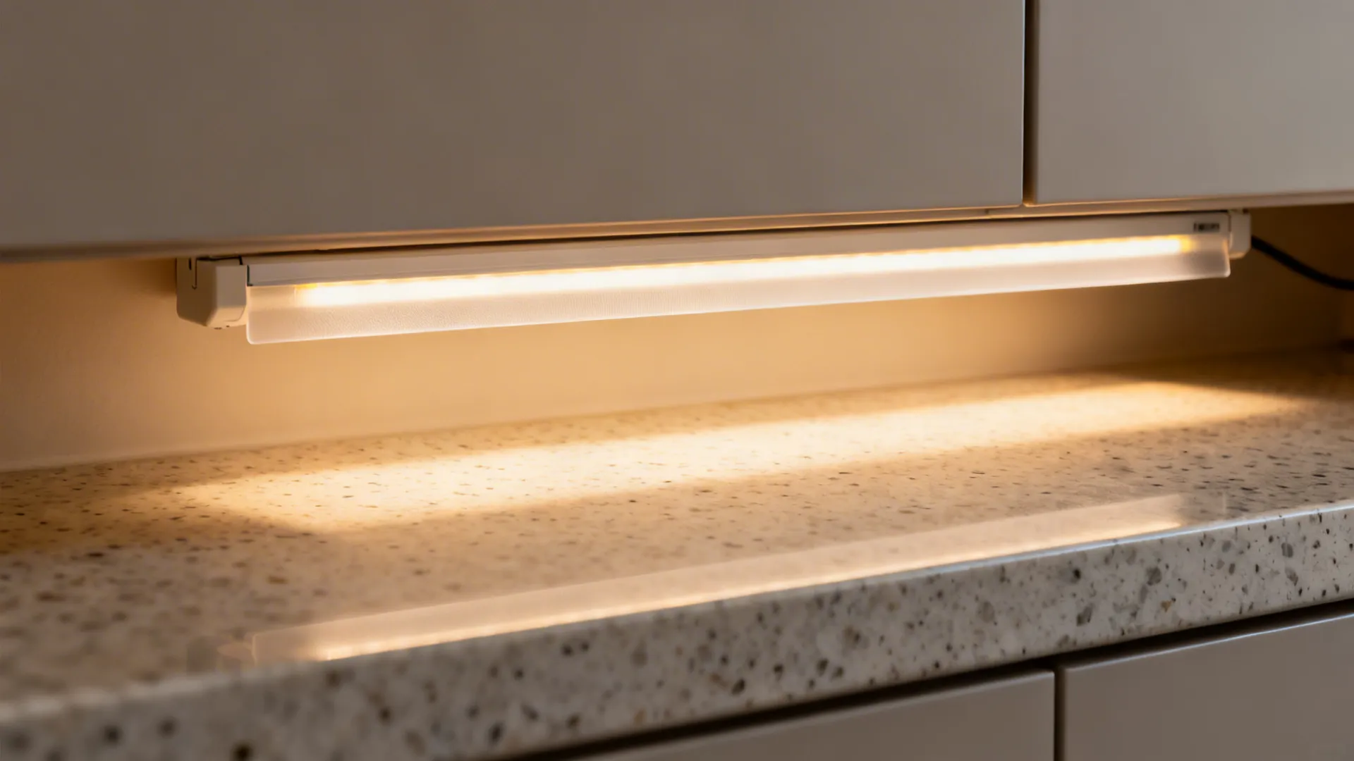 Macro of high-CRI LED strip with diffuser illuminating a quartz countertop evenly at warm-neutral tone.