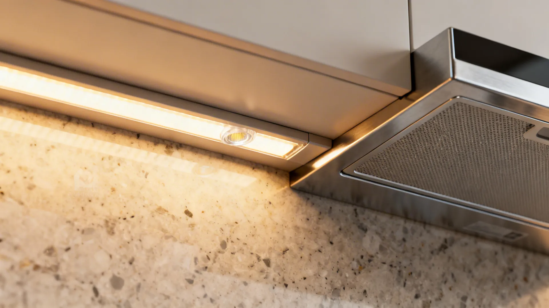 Warm LED light strip installed under white kitchen cabinet next to silver metal vent hood