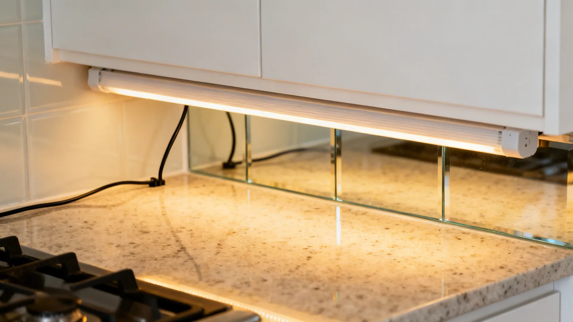 Close-up of slim under-cabinet LED bar casting warm light on a quartz benchtop.
