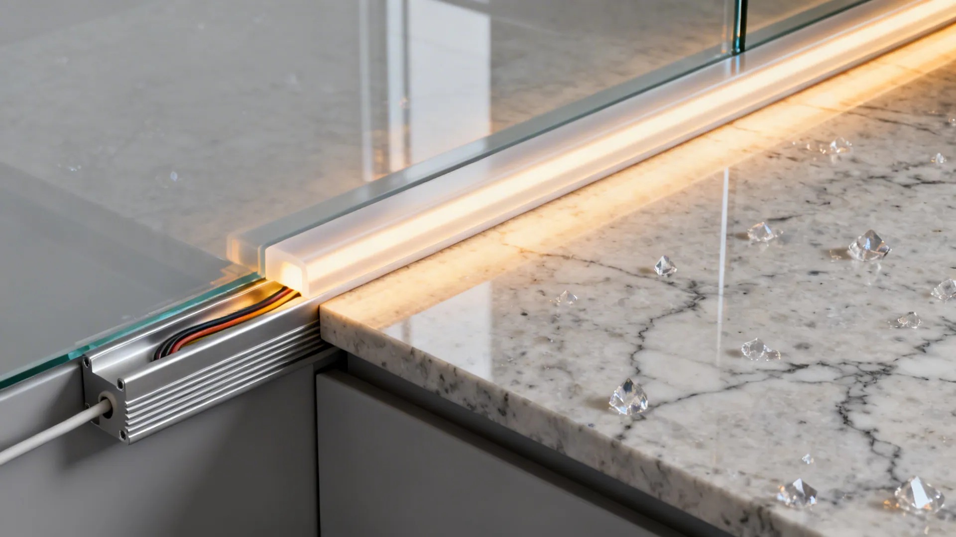 Close-up of an under-cabinet LED strip with diffuser casting even light onto quartz.