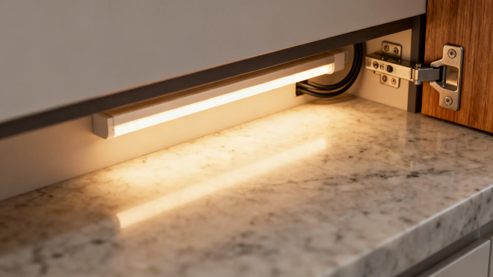 Macro of a recessed under-cabinet LED strip casting warm light on a quartz counter.