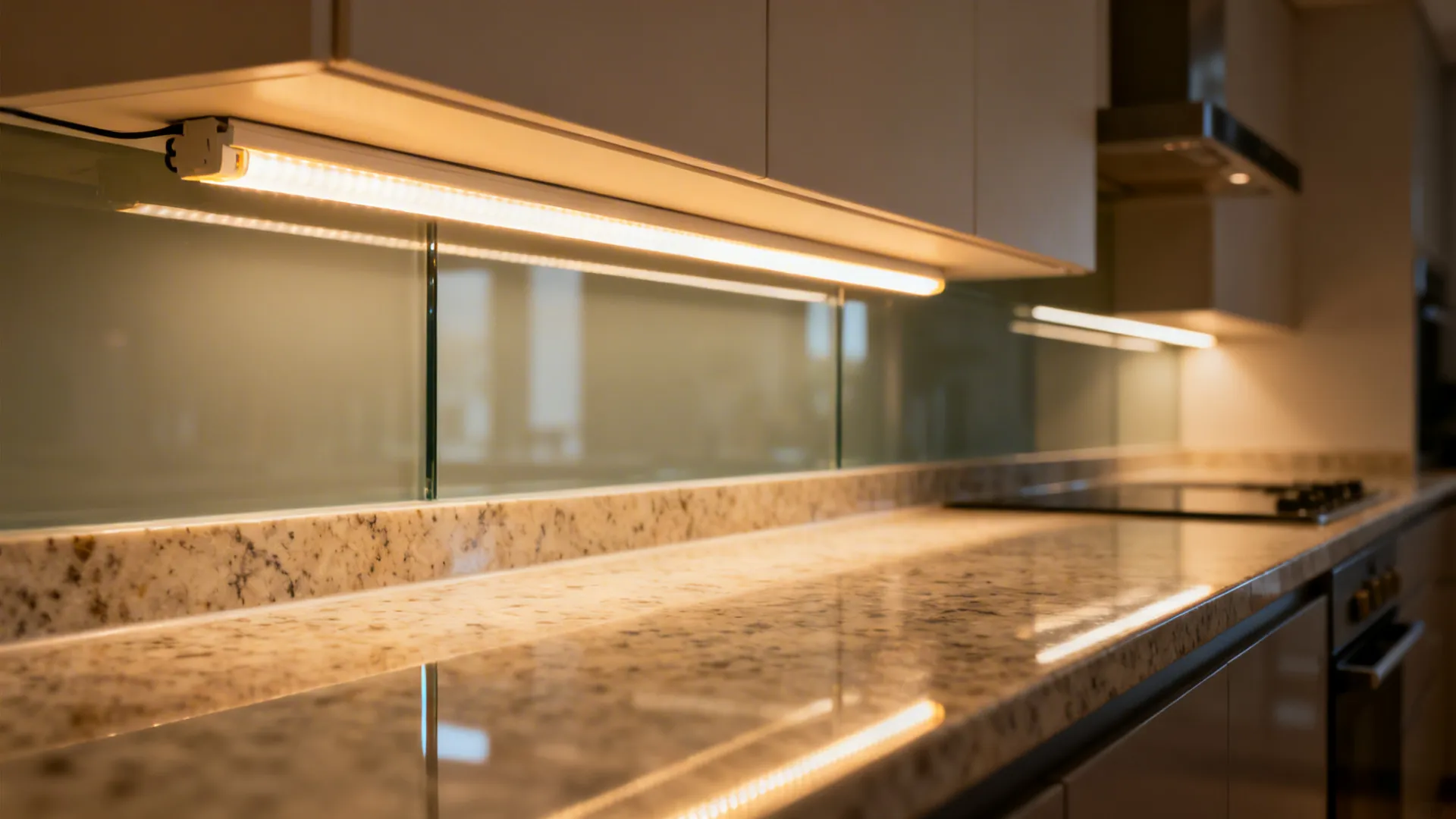 Warm LED strip light installed under kitchen cabinets illuminating a marble countertop and glass wall panel