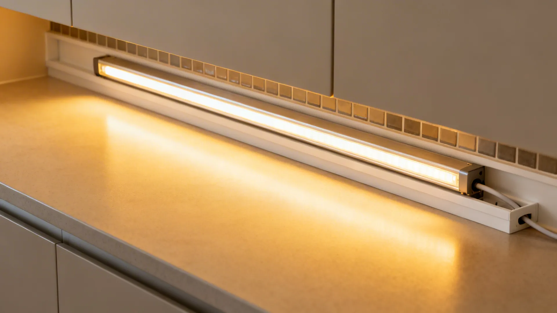 Close-up of an LED strip in an aluminium channel with tidy cable management.