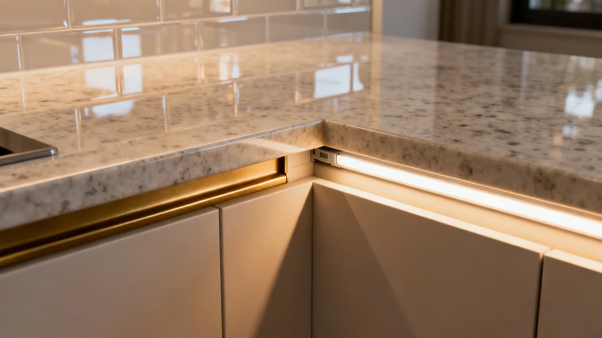 Macro of an under-cabinet LED strip illuminating a quartz counter and glossy backsplash.