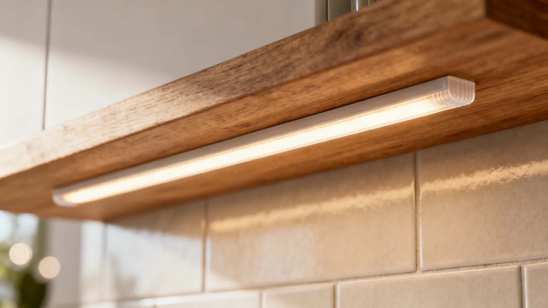 Close-up of a warm LED strip under a wood shelf casting even light on matte tile.