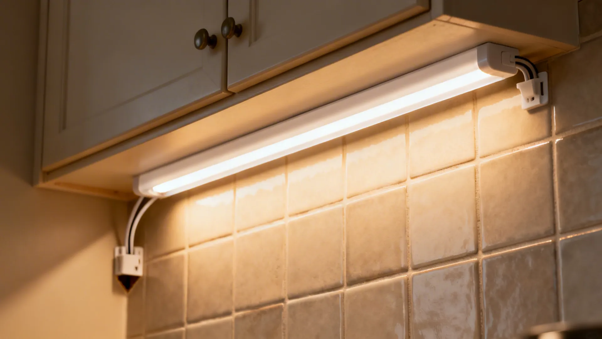 Close-up of warm LED strip under a cabinet with clean diffuser and tidy cable clips.