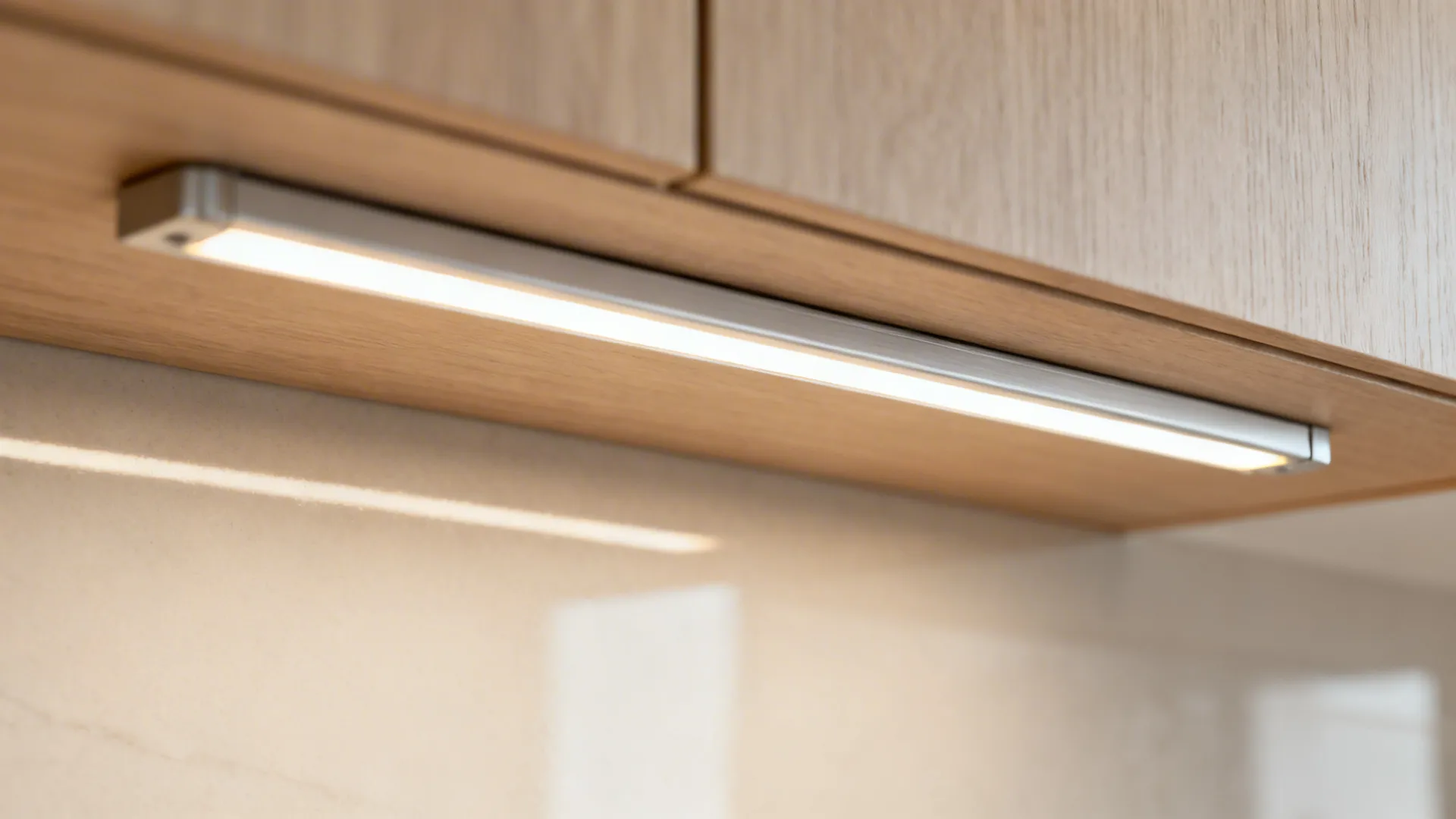 Macro of high-density LED strip in an aluminum channel under kitchen cabinets with even diffusion.