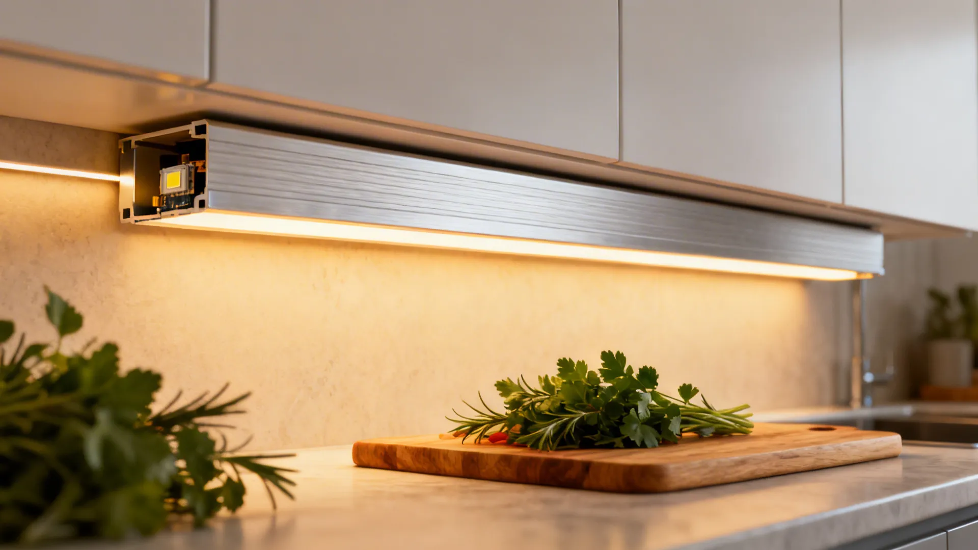 Macro of an under-cabinet LED strip in a diffuser channel casting warm light