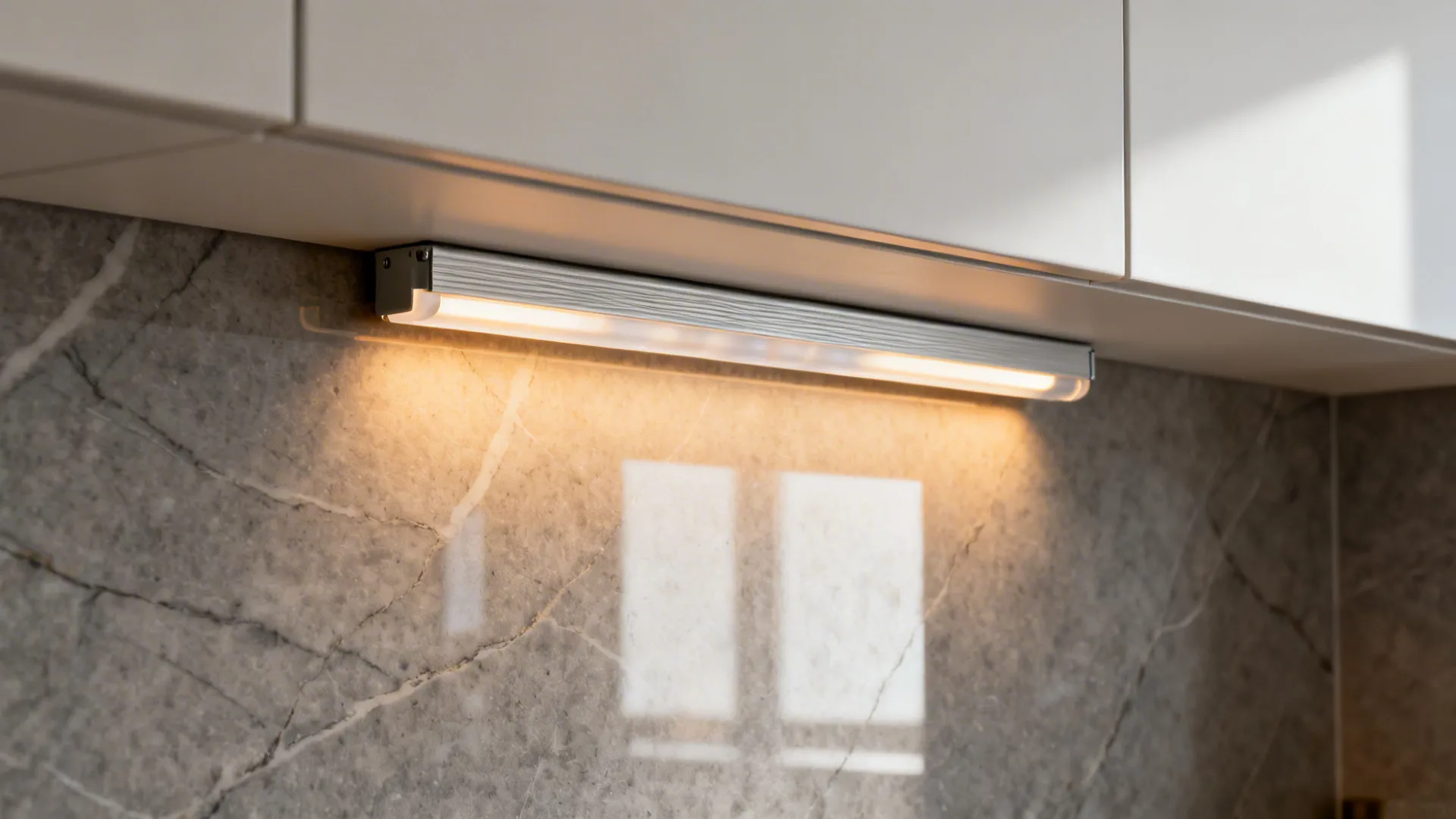 Close-up of an under-cabinet LED channel with diffuser set back to reduce glare.