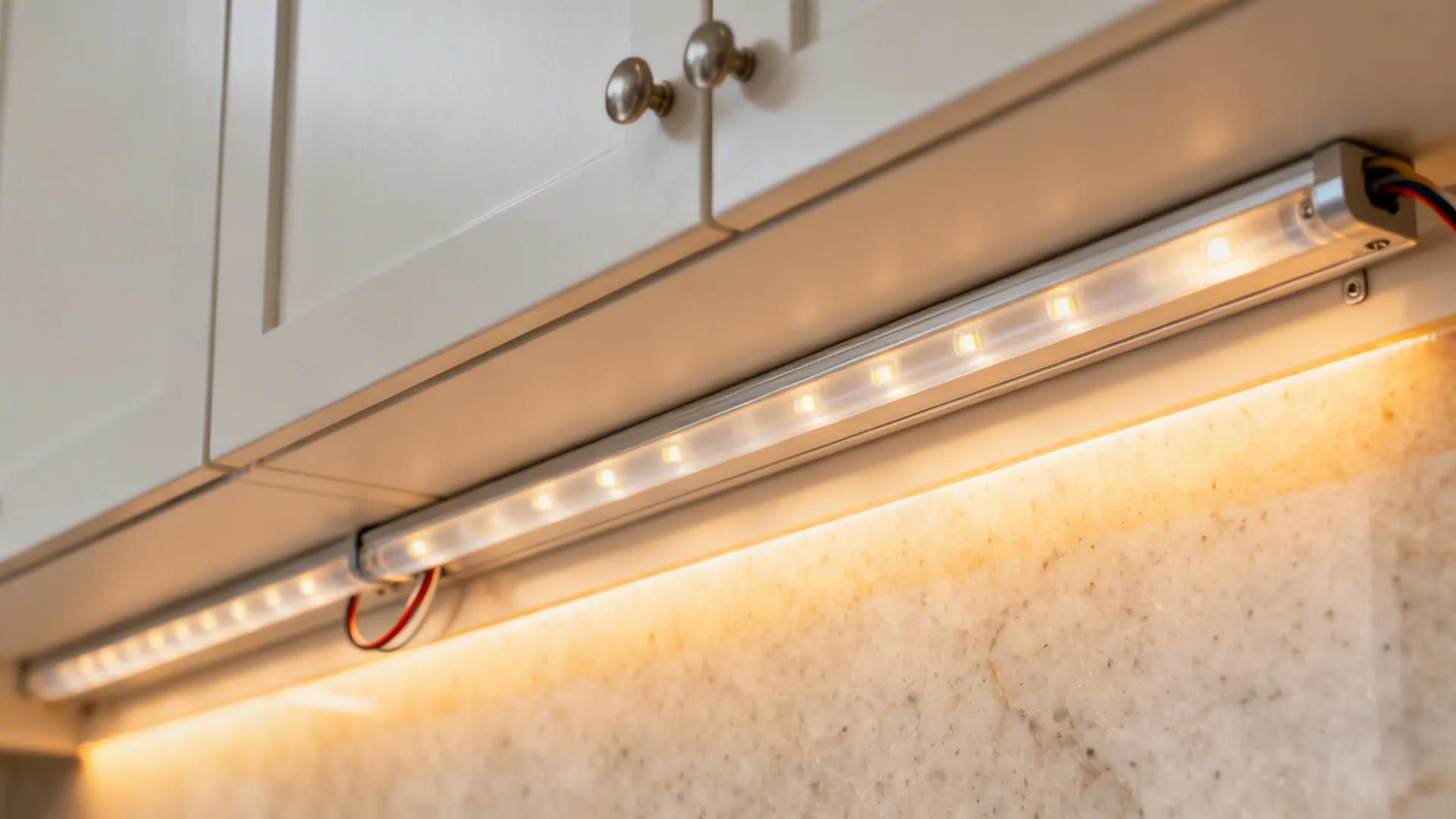 Macro of a diffused under-cabinet LED strip casting an even warm glow.