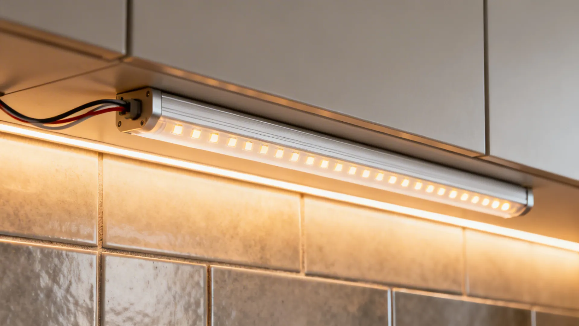 Close-up of a diffused high-CRI under-cabinet LED strip casting warm light on tile.