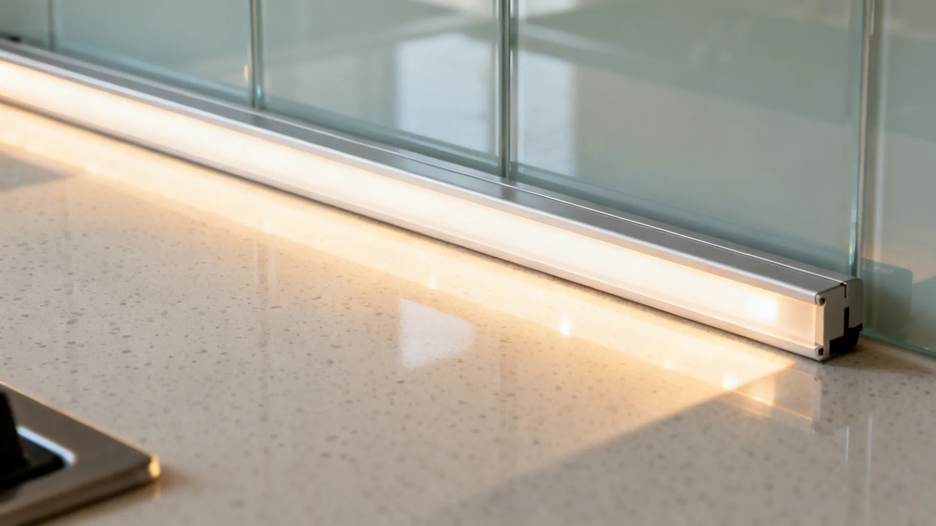 Macro of an under-cabinet LED strip with diffuser illuminating pale quartz and glass backsplash at warm 3000K.