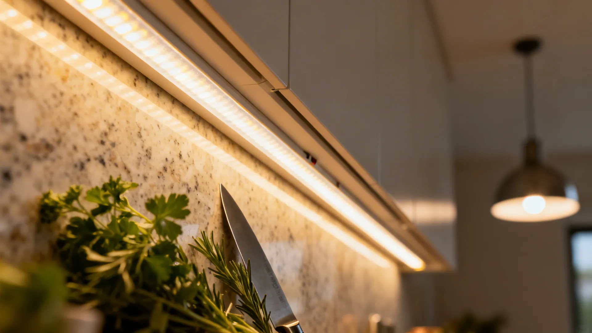Macro of diffused under-cabinet LED lighting evenly illuminating a quartz worktop.