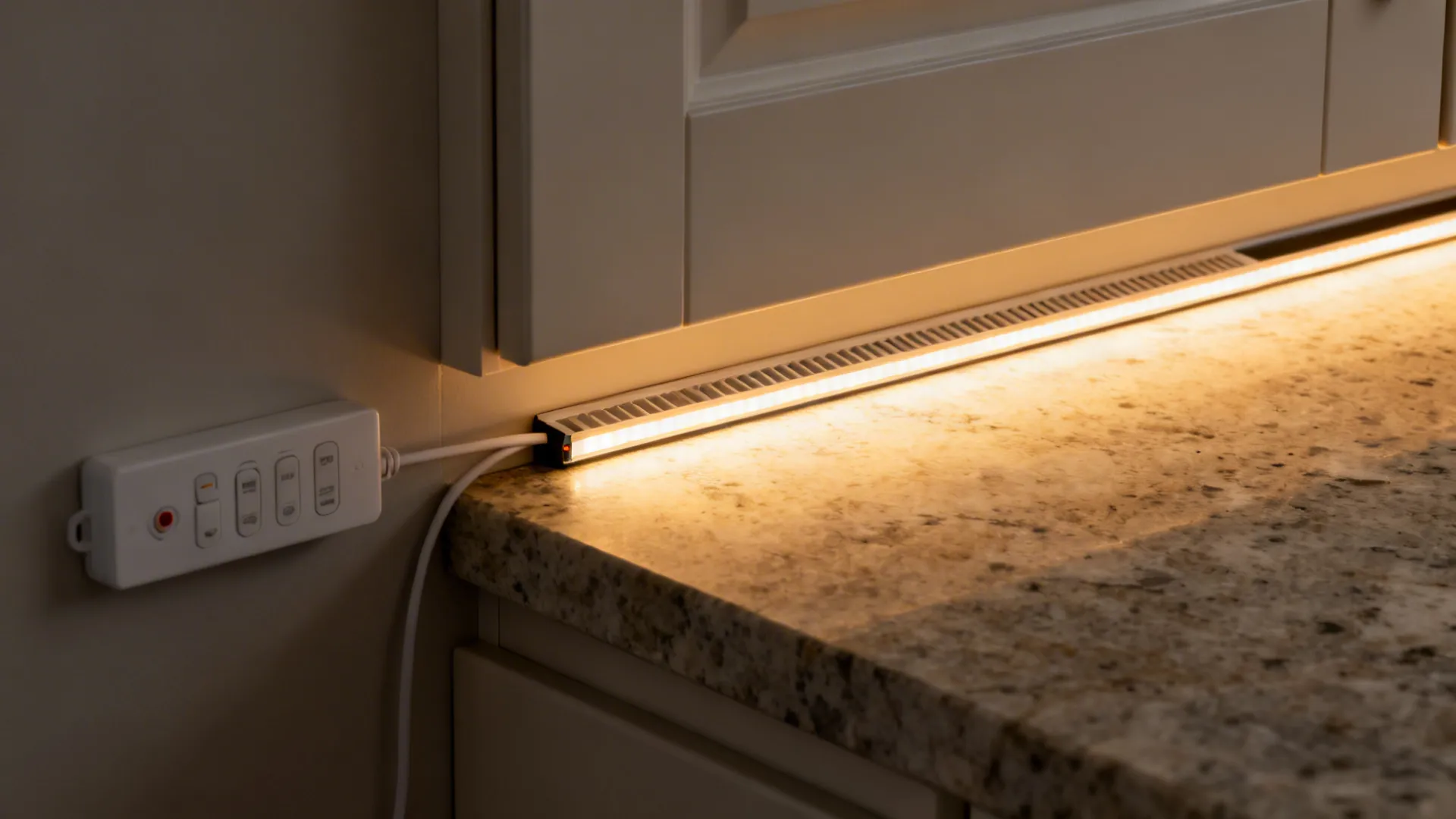 Macro of slim under-cabinet LED strip near cabinet front with even light on the counter.