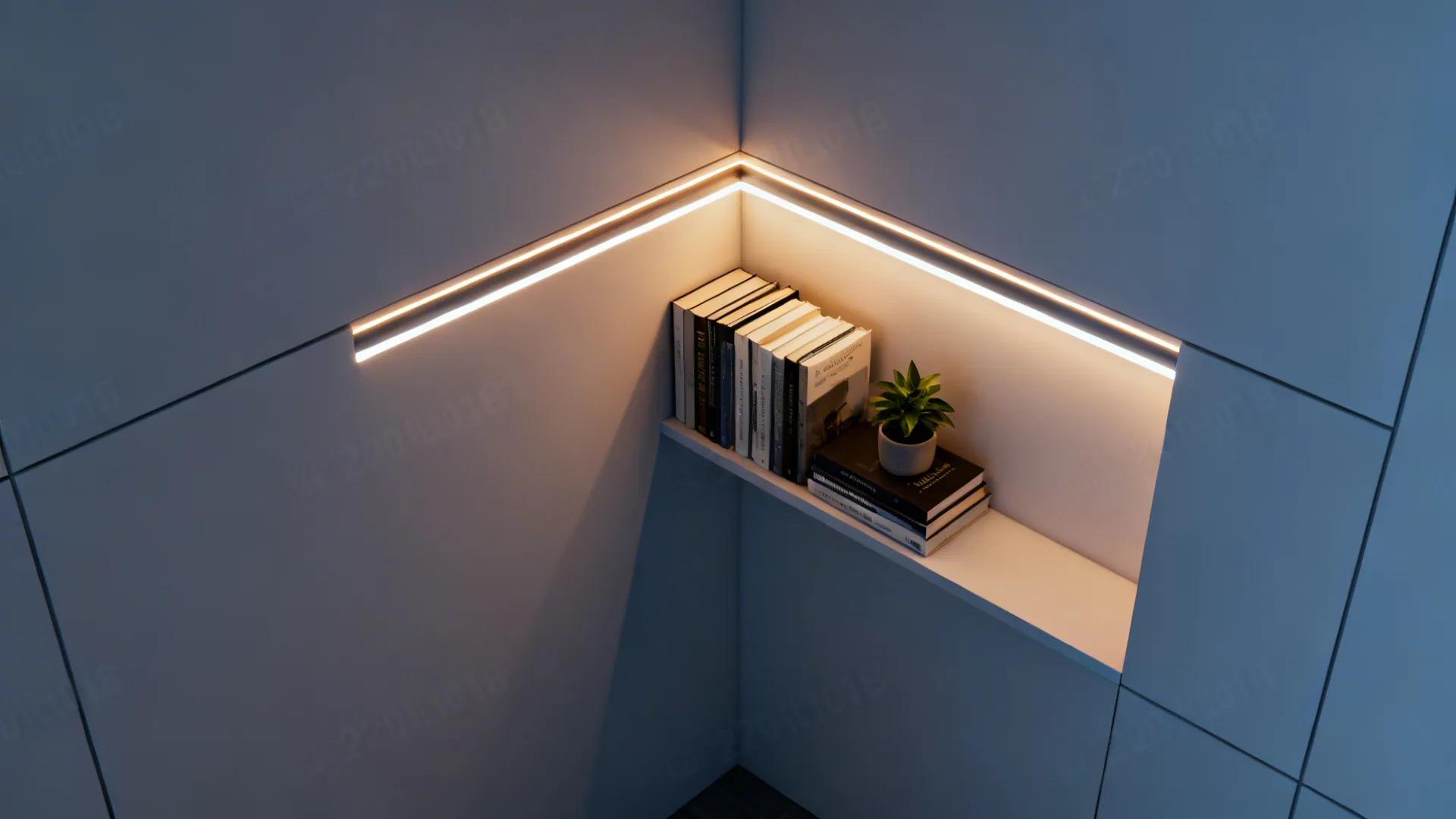Shallow corner niche with concealed layered LED strips highlighting books and a plant