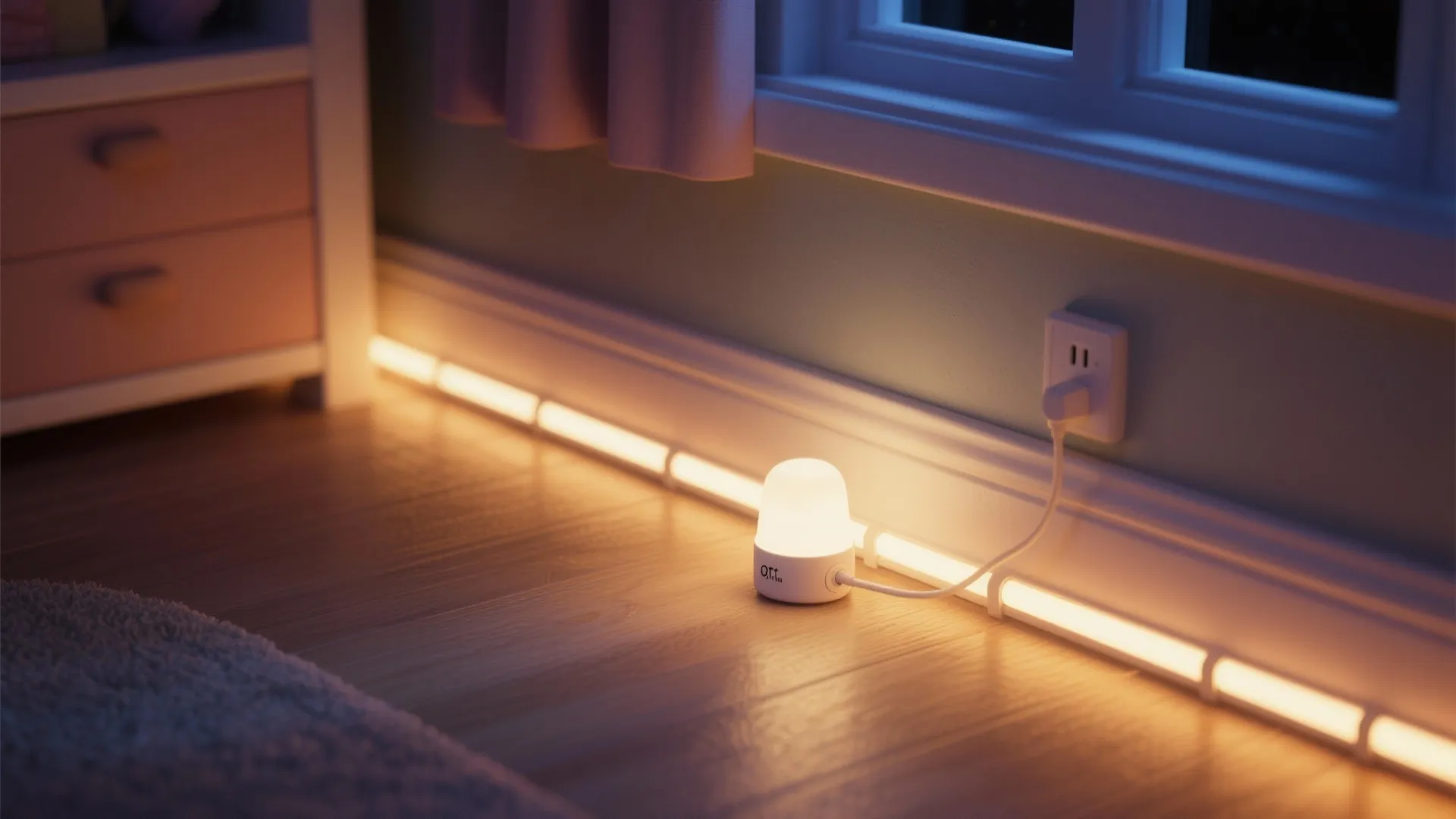 Warm LED baseboard strip and plug-in night light providing low-level safe illumination
