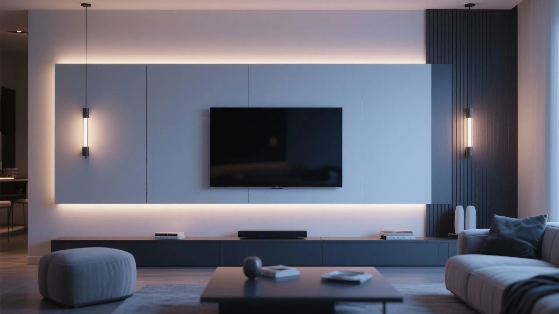 LED strip wall sconces glowing behind media wall