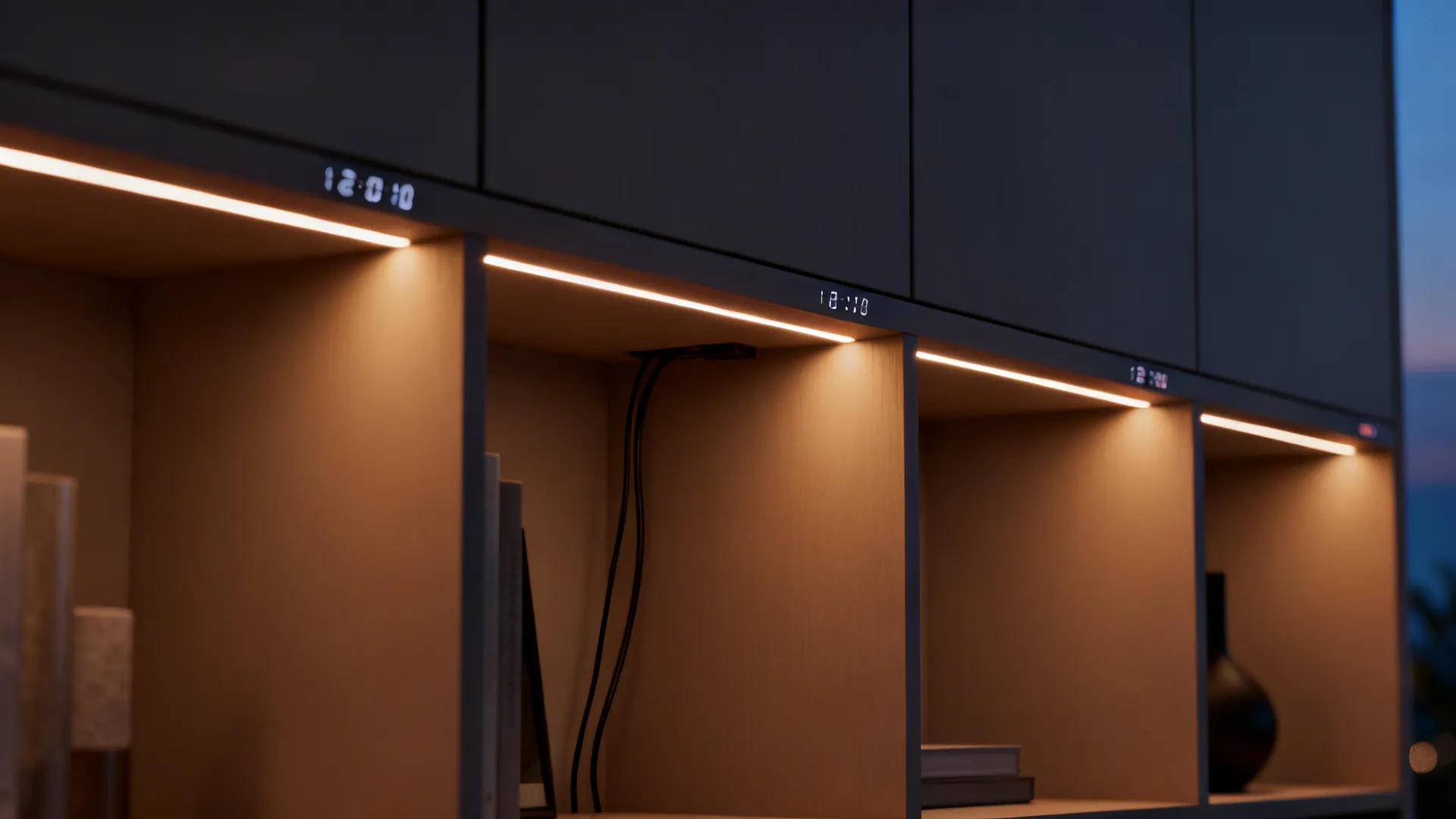 Built-in shelving with a thin LED strip showing time and creating a warm architectural glow.