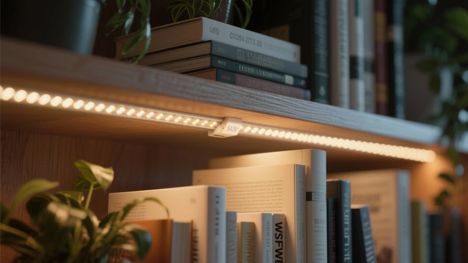 Macro view of hidden LED strip casting a soft warm glow over books and plants on a wooden shelf.