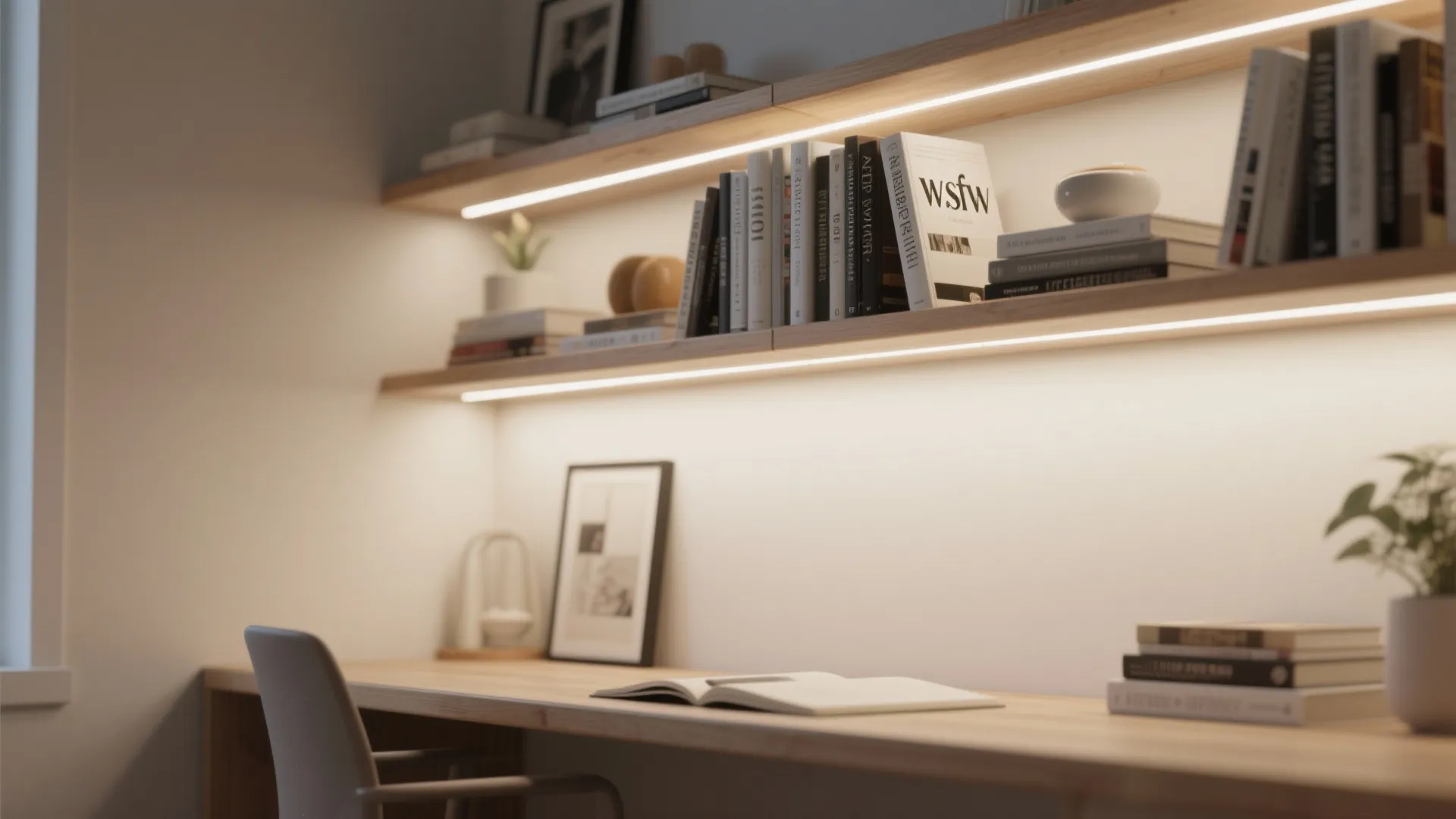 Wooden wall shelves with built in light strips holding books and plants above home office desk