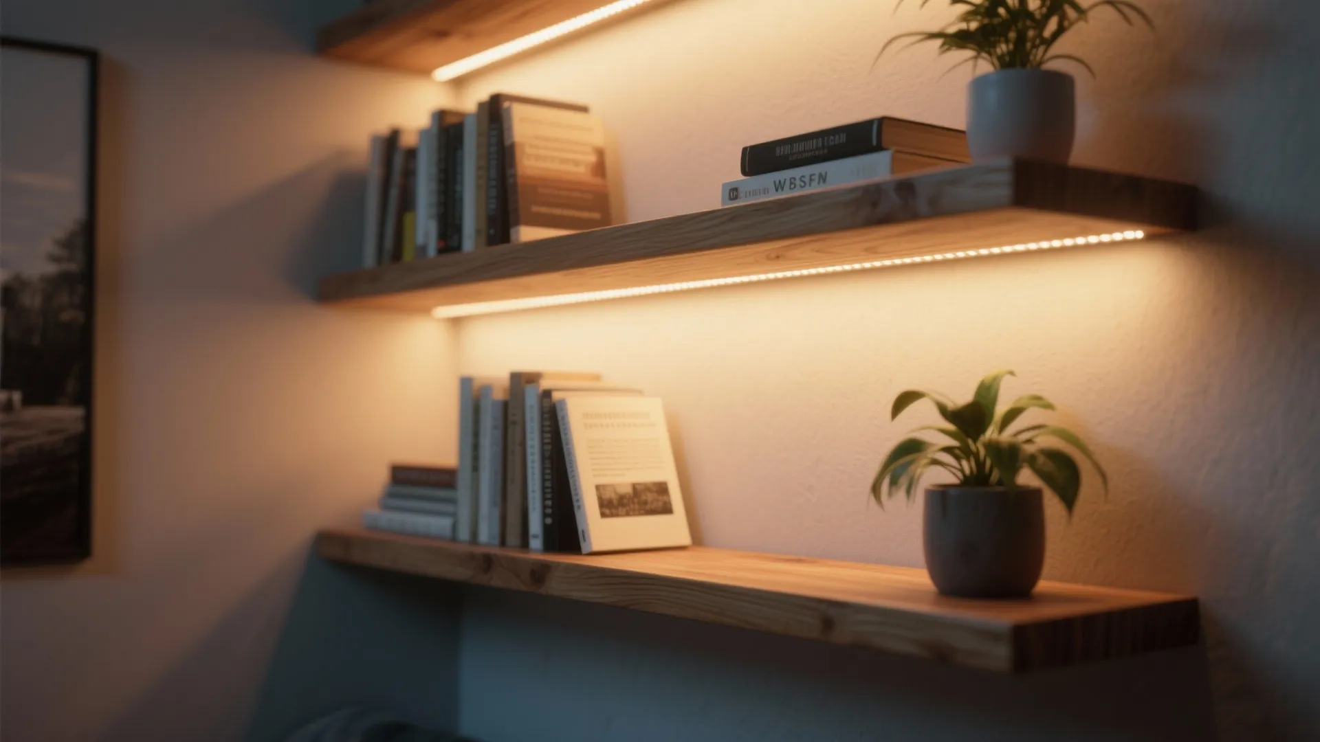 4. LED Strip Under Floating Shelves