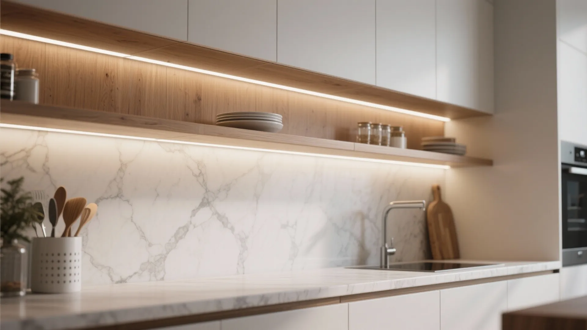 Modern kitchen with marble wall, white cabinets, wooden shelves, and warm strip light fixture design
