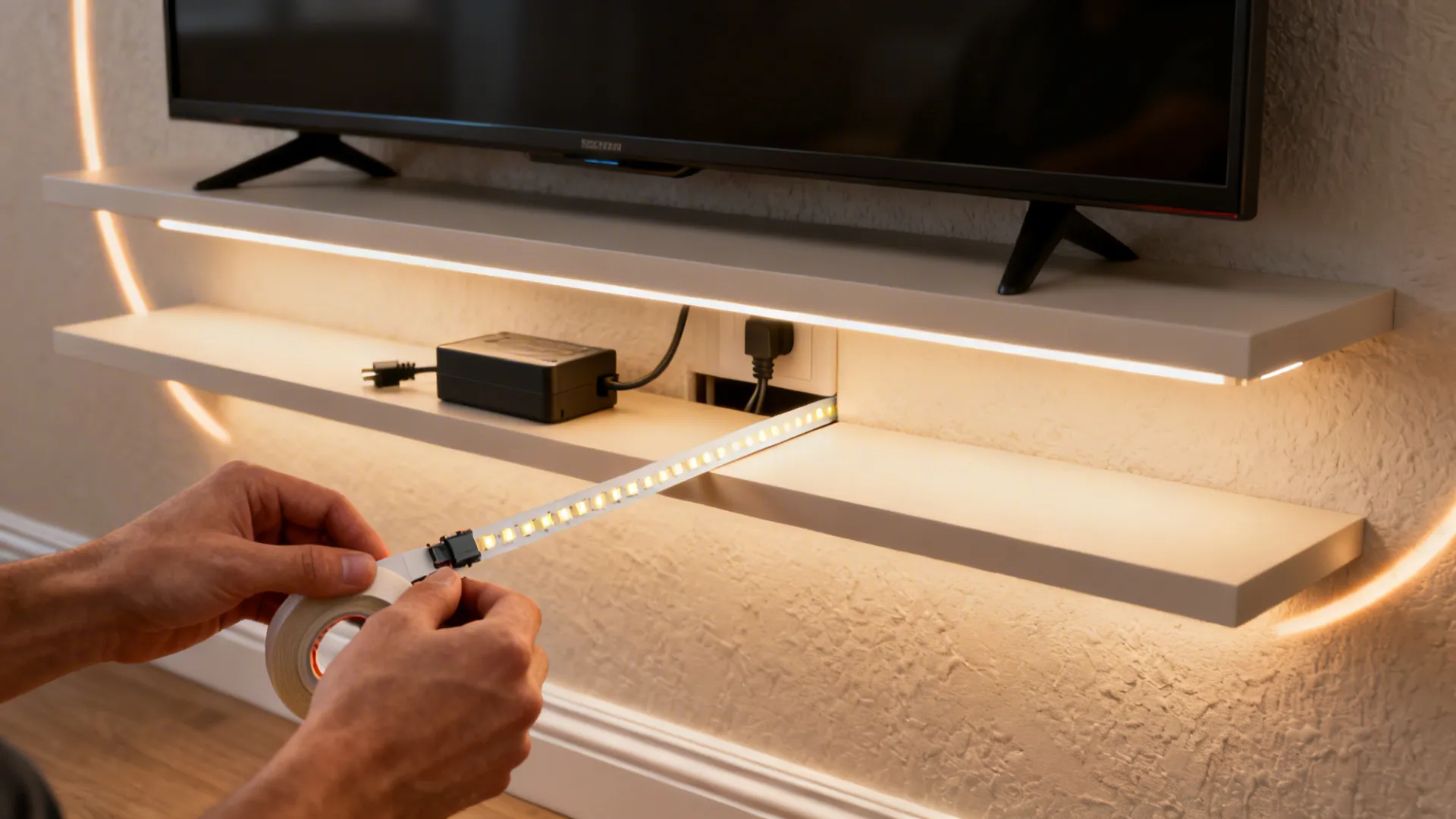 Warm LED strip lighting hidden under floating shelves with transformer tucked behind the shelf.