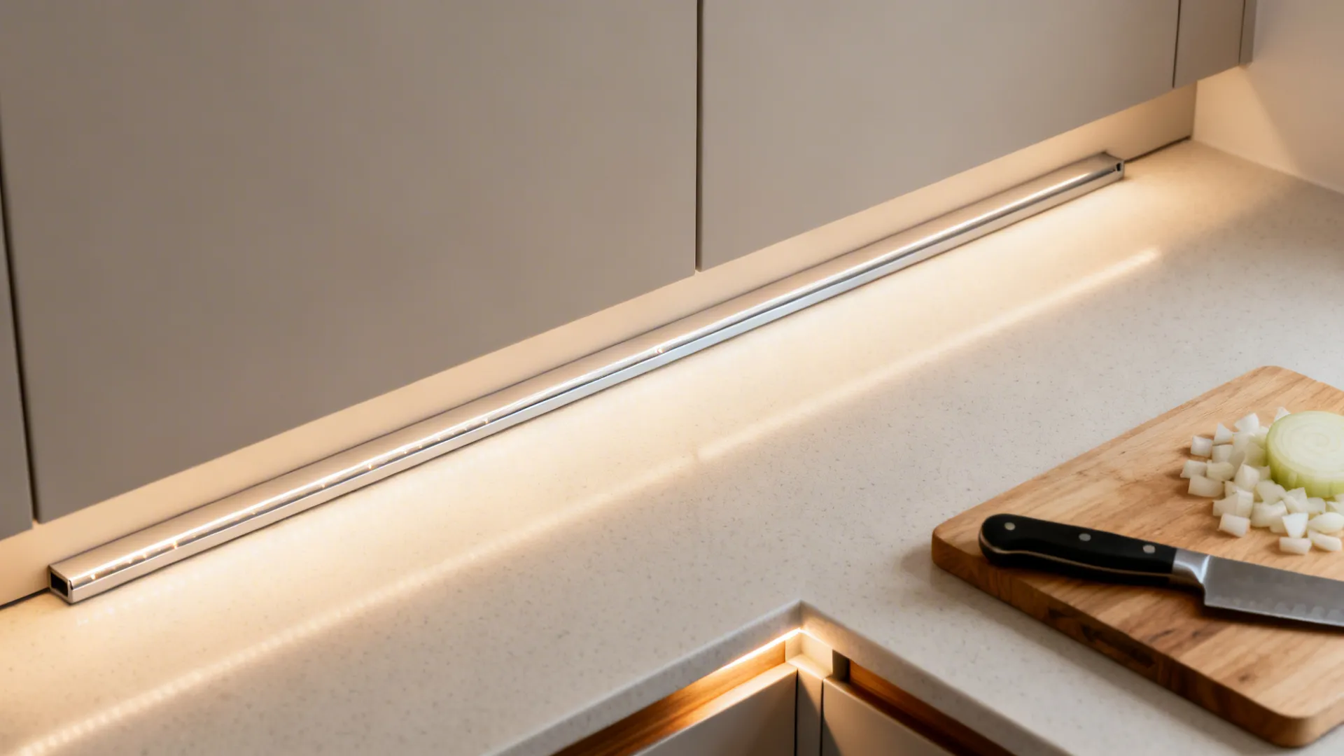Ultra-thin LED strips in aluminum channels create even, shadow-free task lighting.