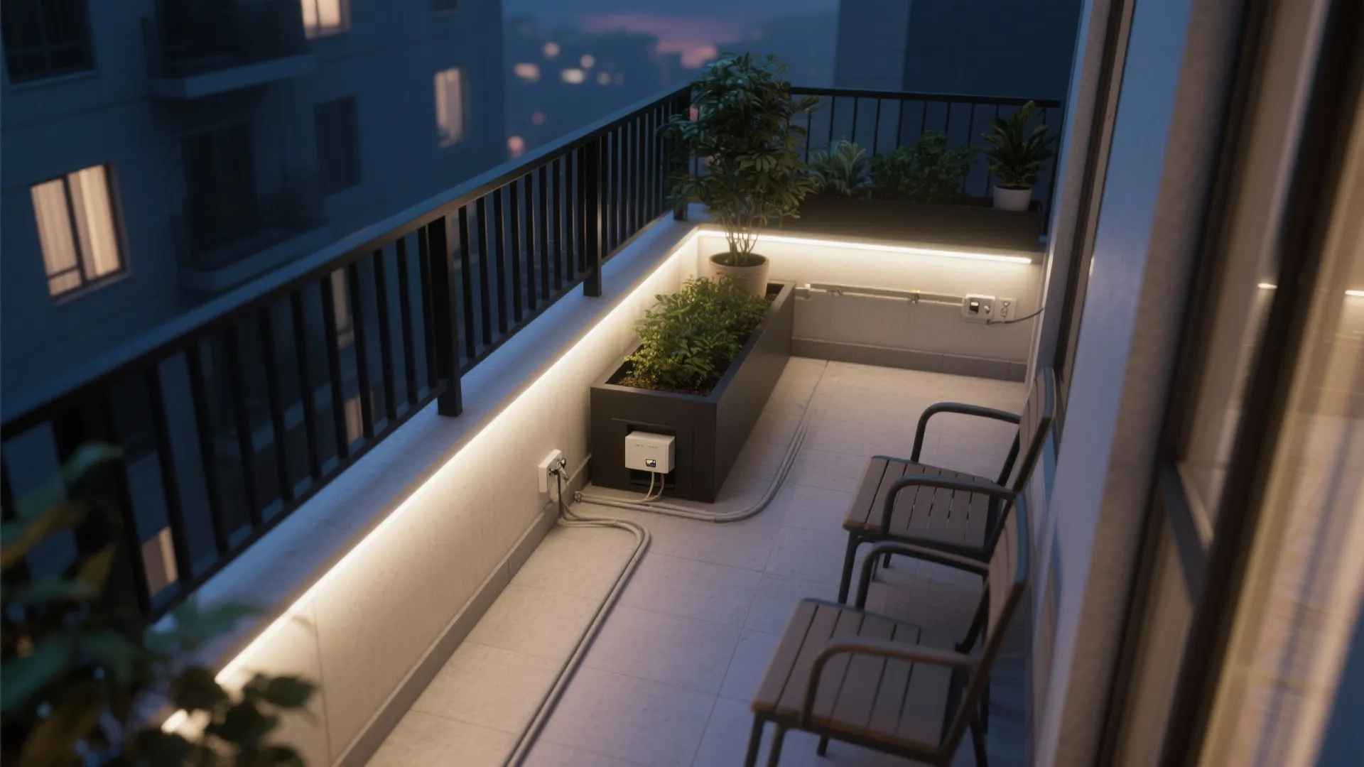 Low-Glare LED Strips Under Rails and Planters