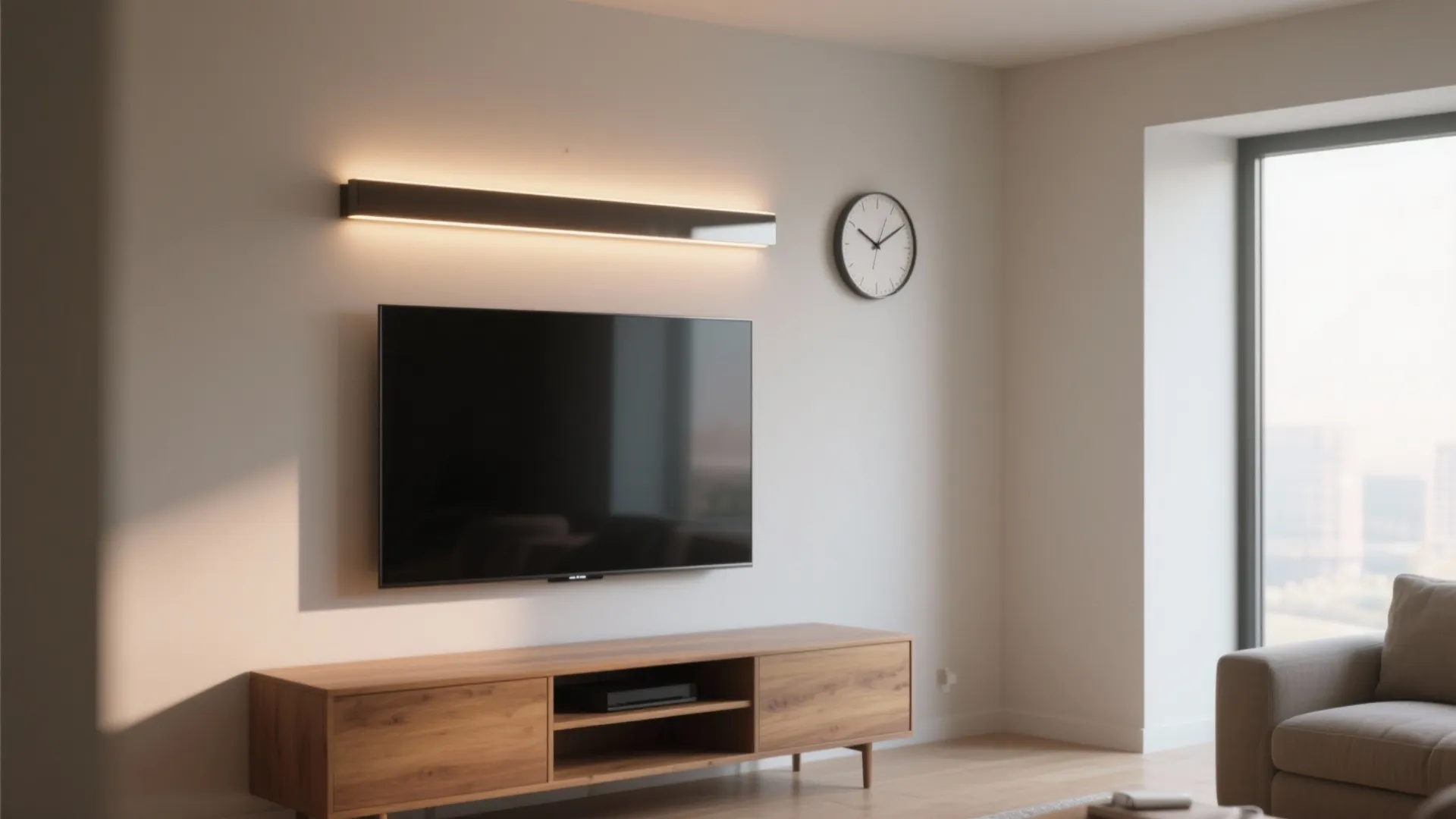 1. Slim LED strip clock behind the TV