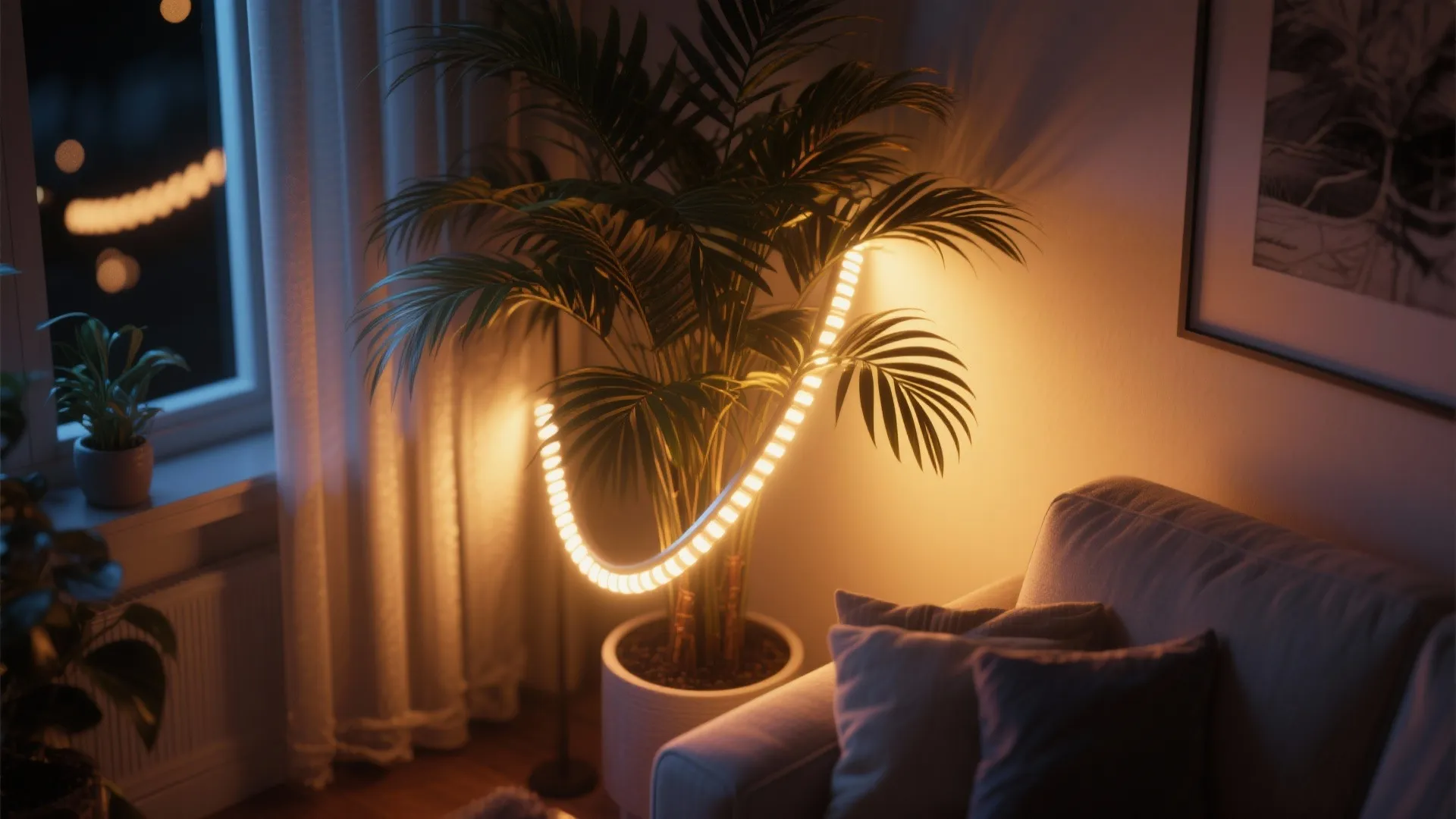 LED strip lighting hidden behind a tall indoor plant