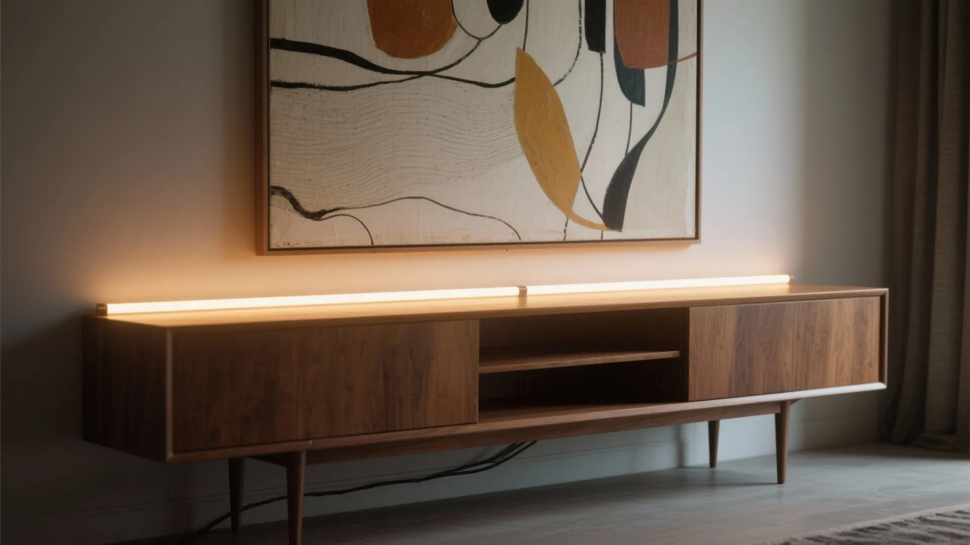 Mid-century credenza with warm linear LED strip washing soft even light across a large abstract canvas.