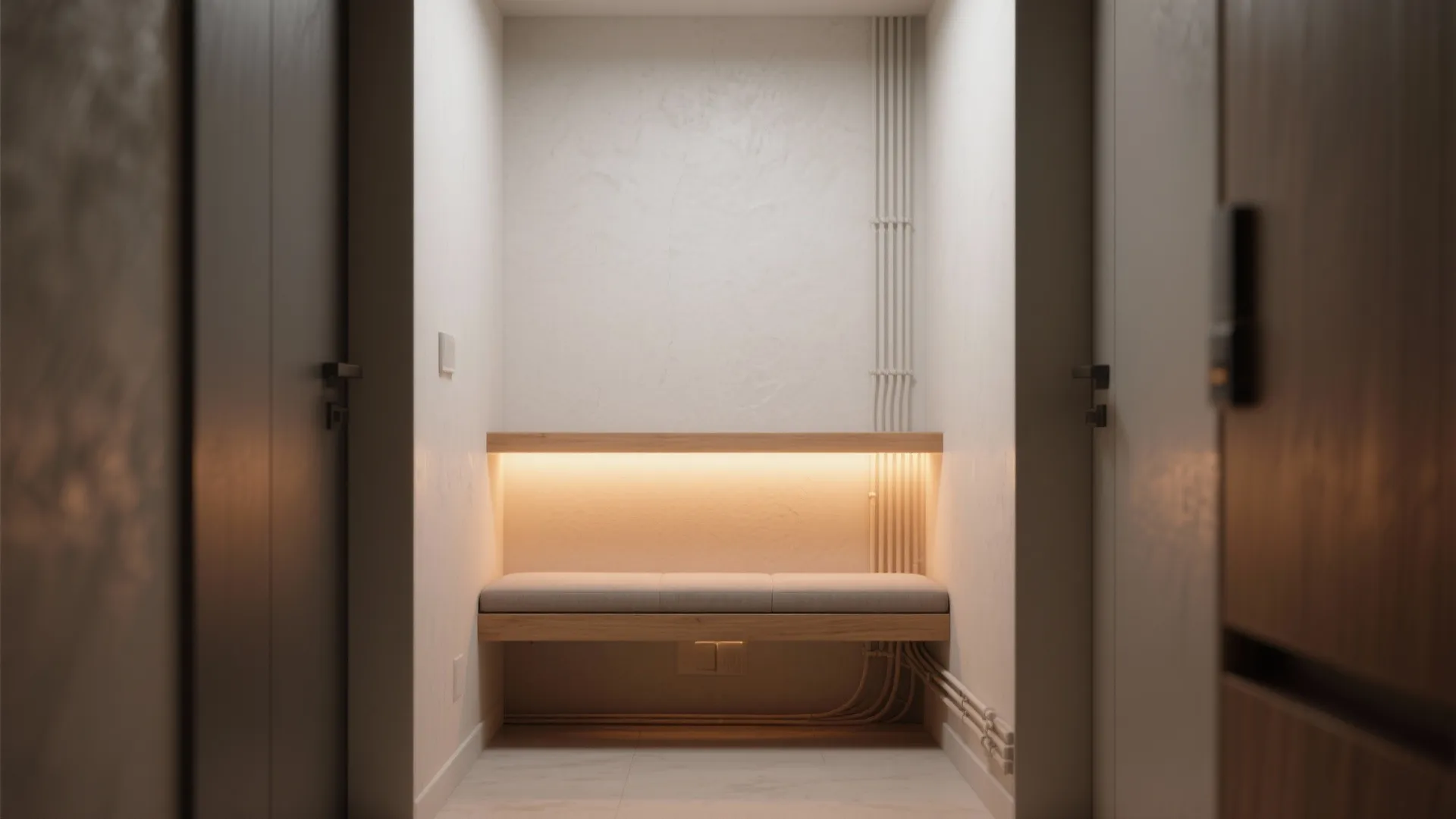 Floating bench with warm integrated LED strip behind it creating soft indirect illumination